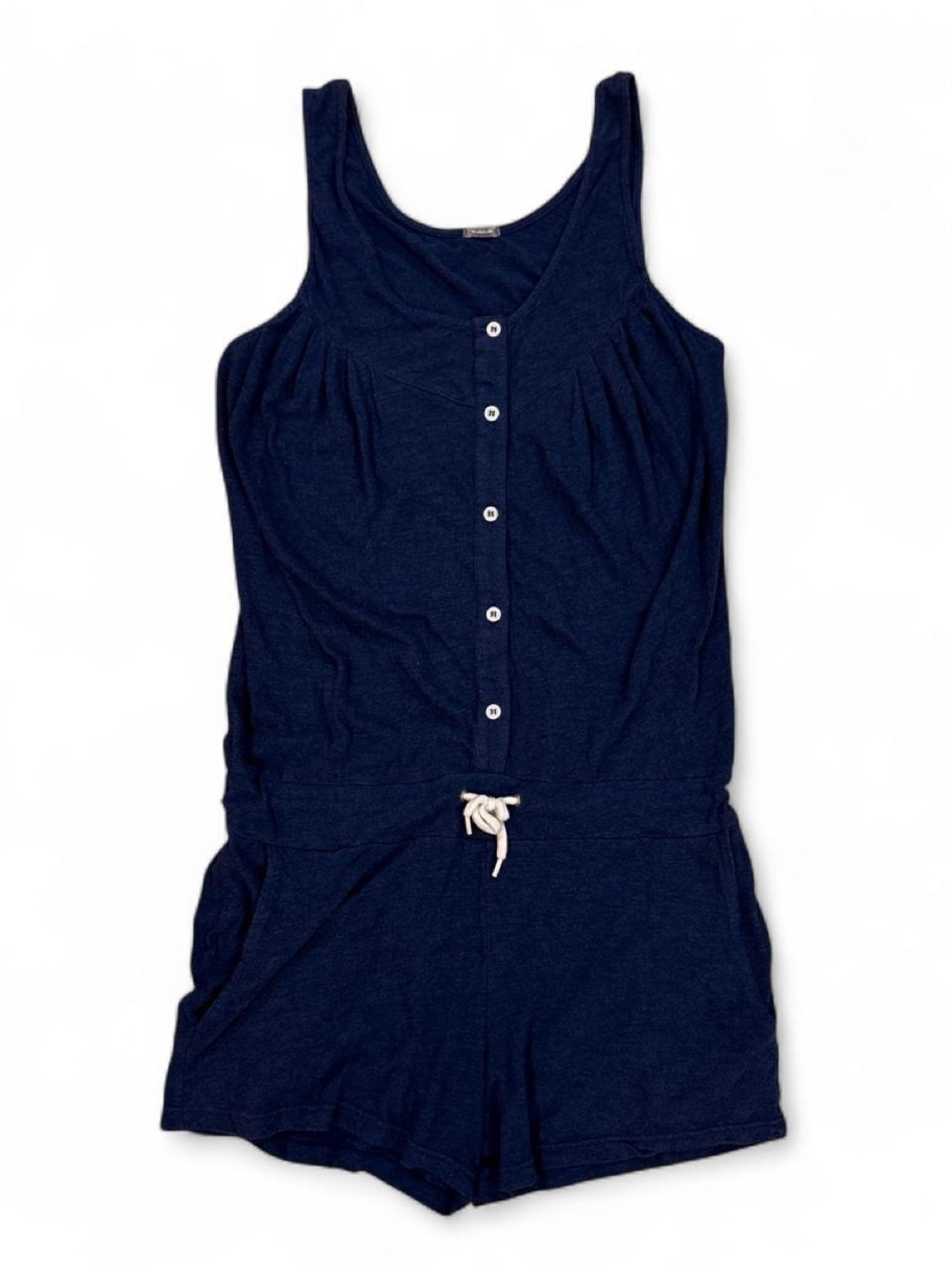 Monrow navy blue button up jersey romper with white drawstring